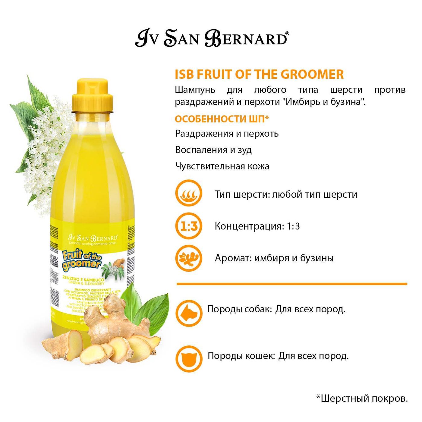 ISB Fruit of the Groomer Ginger&Elderbery Шампунь для любого типа шерсти против раздражений и перхоти 1 л — фото 3