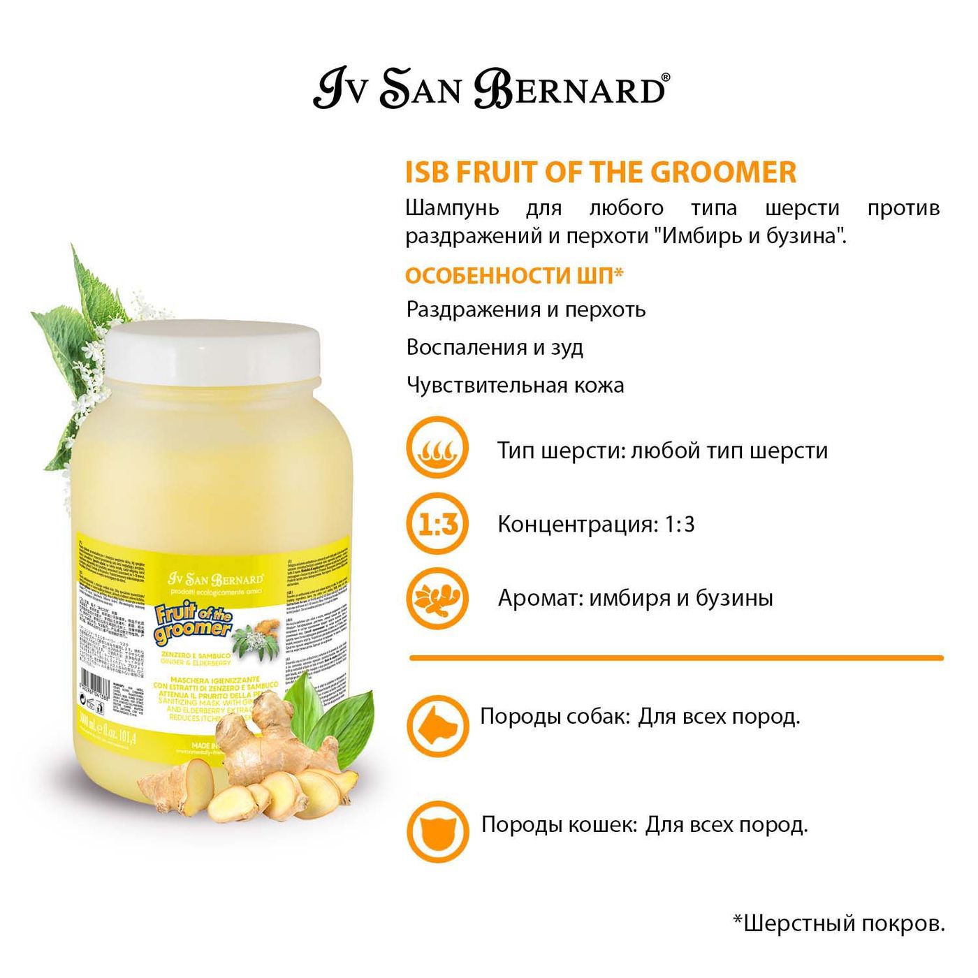 ISB Fruit of the Groomer Ginger&Elderbery Шампунь для любого типа шерсти против раздражений и перхоти 3,25 л СКИДКА 40% — фото 3